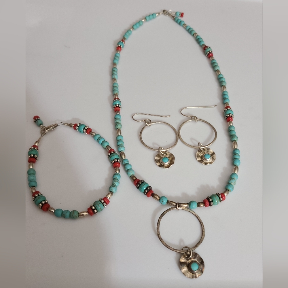Set 3 sterling silver turquoise coral necklace bracelet earrings vintage 925 vtg